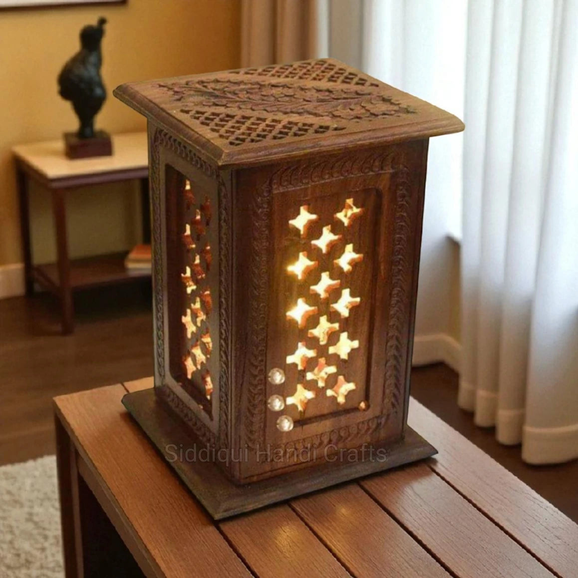 Elegant Wooden Carved Square Table Lamp