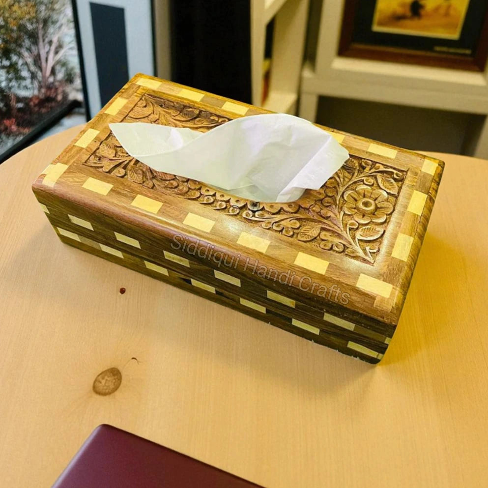 Wooden Tissue Box With Tukri+Carving Work