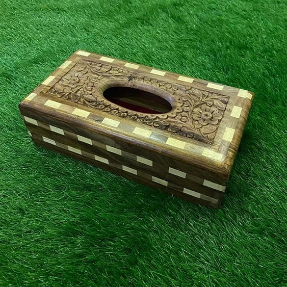 Wooden Tissue Box With Tukri+Carving Work
