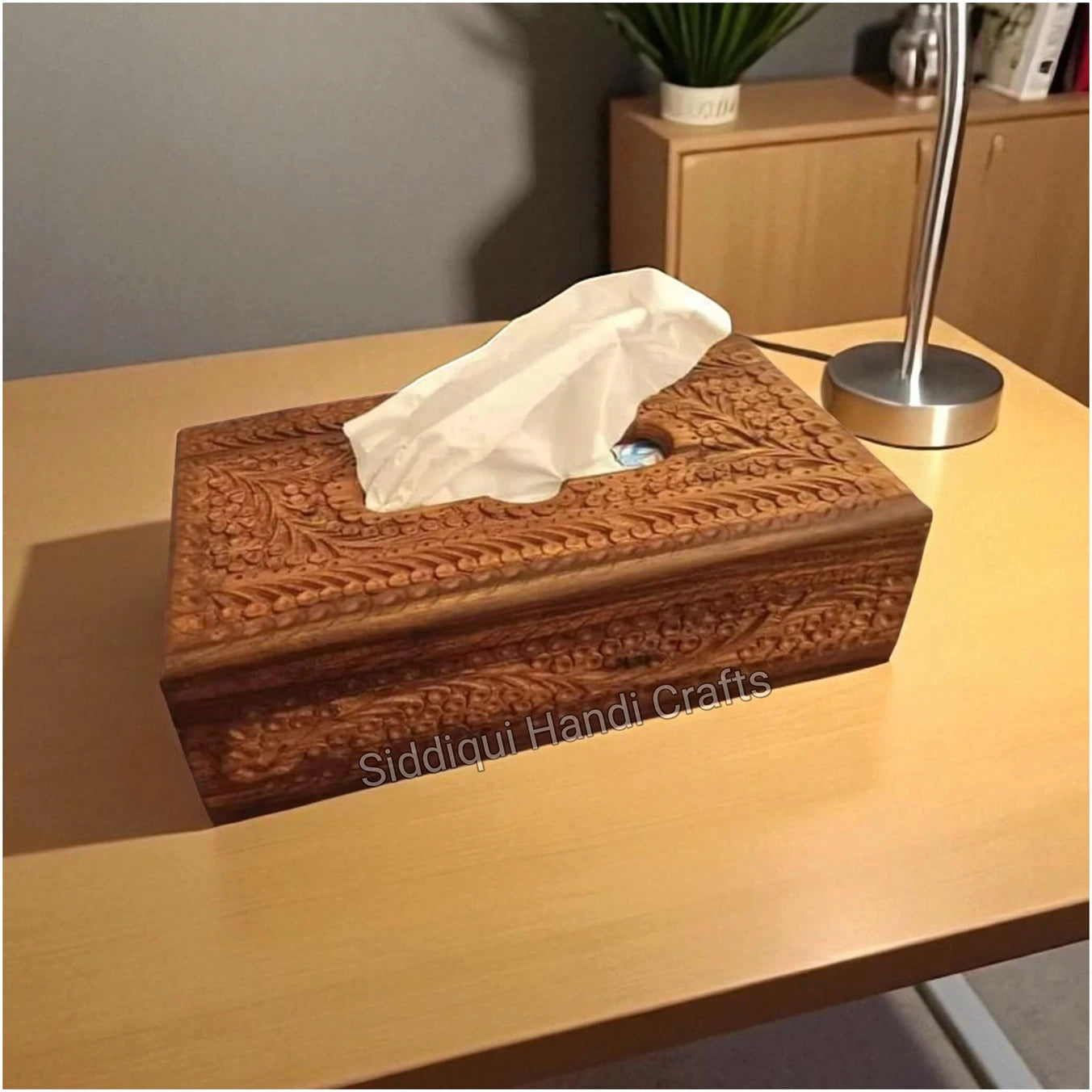 Wooden Tissue Box With Handmade Carving Work