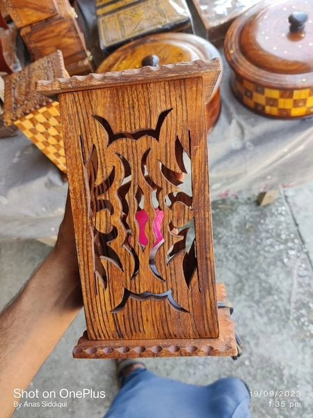 Elegant Wooden Carved Square Table Lamp